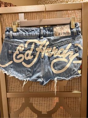 Ed Hardy Floral Embroidered Light Blue Denim Shorts